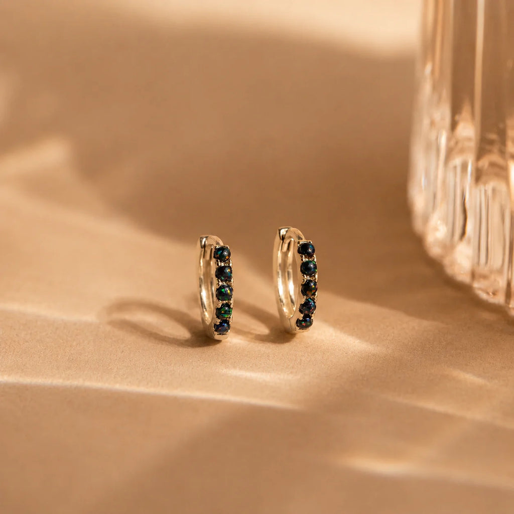 Black Sand Opal Huggie Hoop Earrings