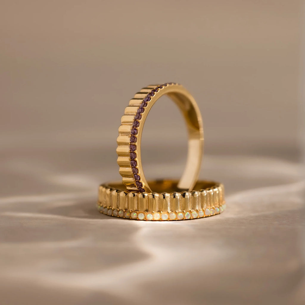Ribbed Birthstone Stack Ring Silver 18K Gold Plated