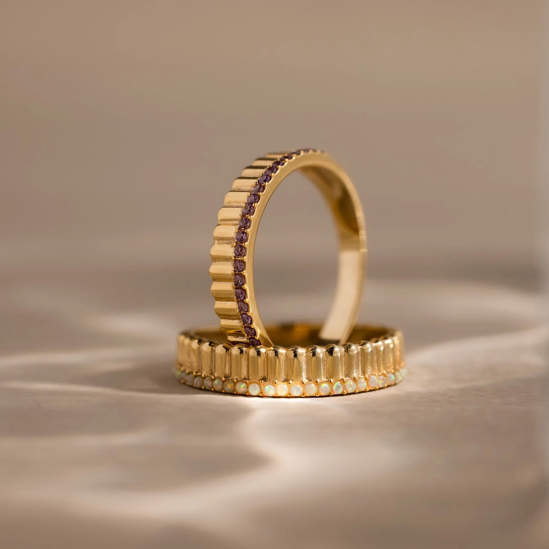 Ribbed Birthstone Stack Ring Silver 18K Gold Plated