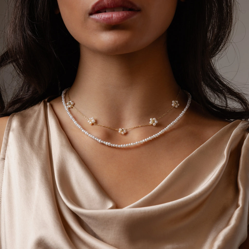 Freshwater Pearl Beaded Necklace Silver 18K Gold Plated