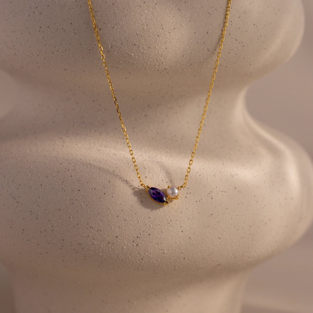 Marquise Birthstone Pearl Necklace Silver 18K Gold Plated