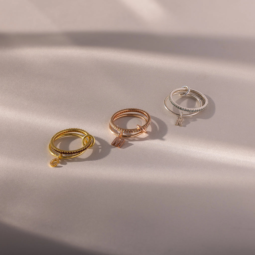 Birthstone Initial Linked Ring Set Silver 18K Gold Plated