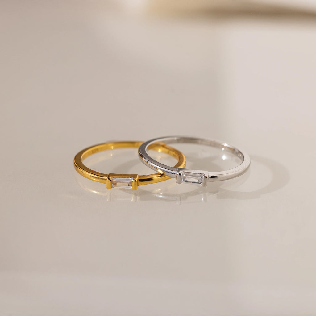 Baguette Diamond Ring Silver 18K Gold Plated