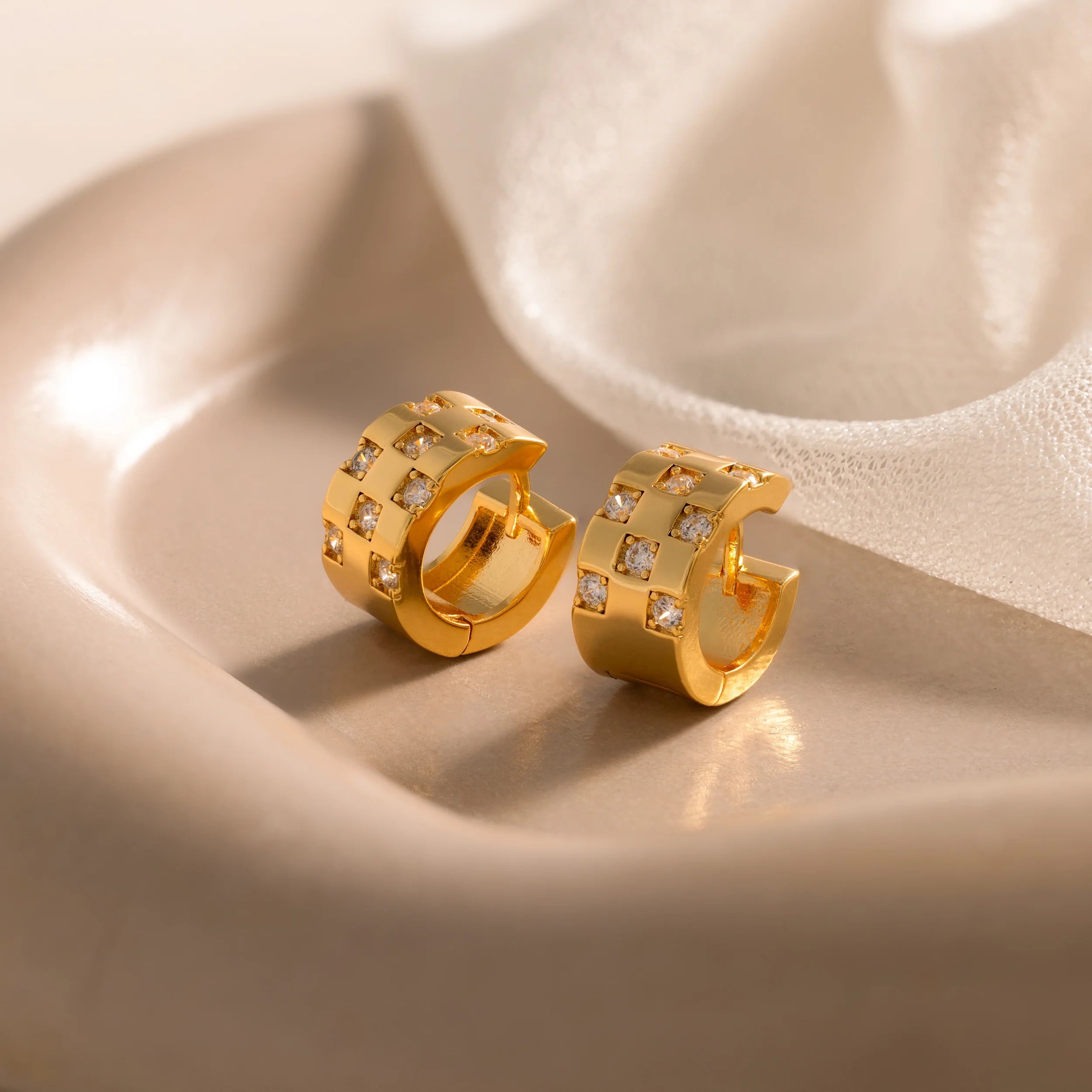 Pave Checkered Huggies Silver 18K Gold Plated