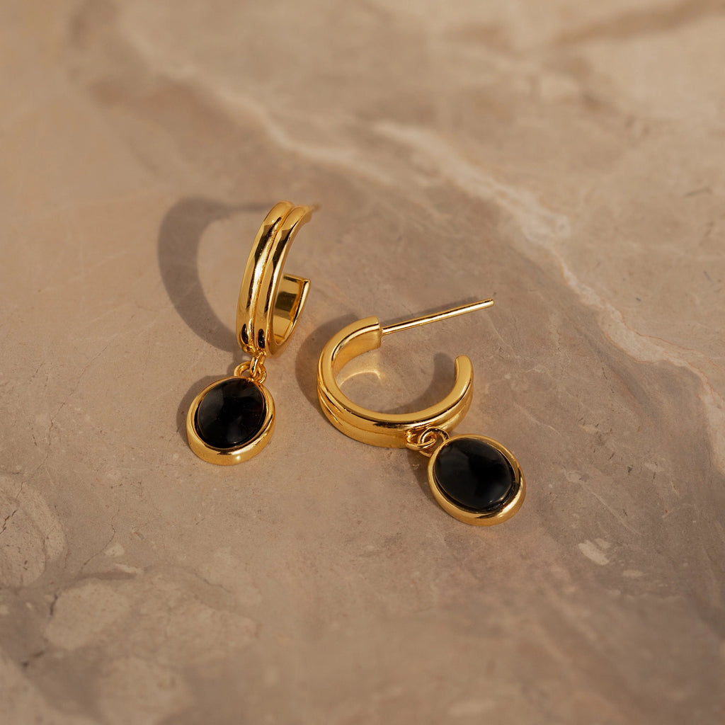 Black Gemstone Drop Hoop Earrings