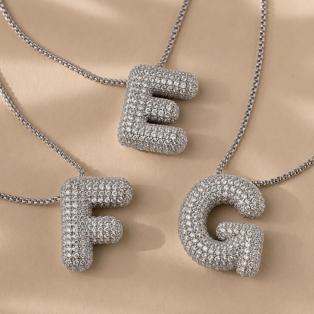 Personalized Puffy Initial Necklace with Pave Diamonds
