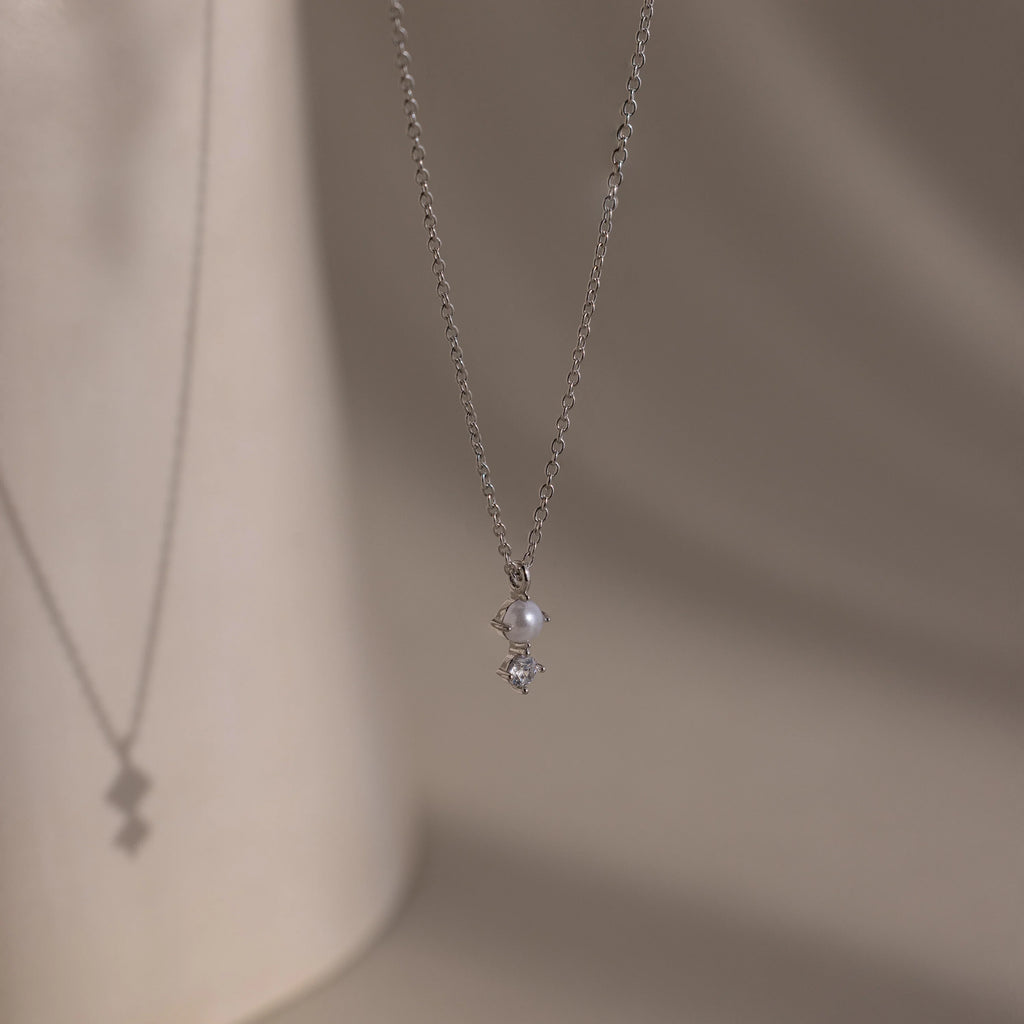 Diamond Pearl Drop Necklace Silver 18K Gold Plated