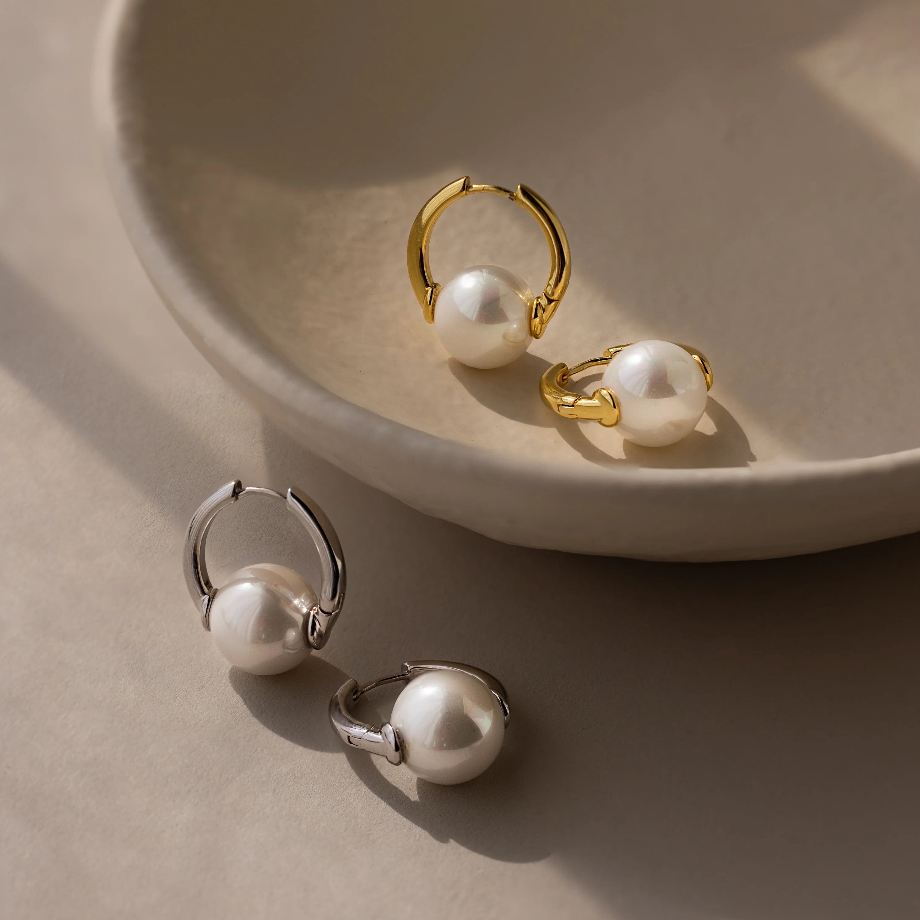 Bold Round Pearl Hoops Silver 18K Gold Plated
