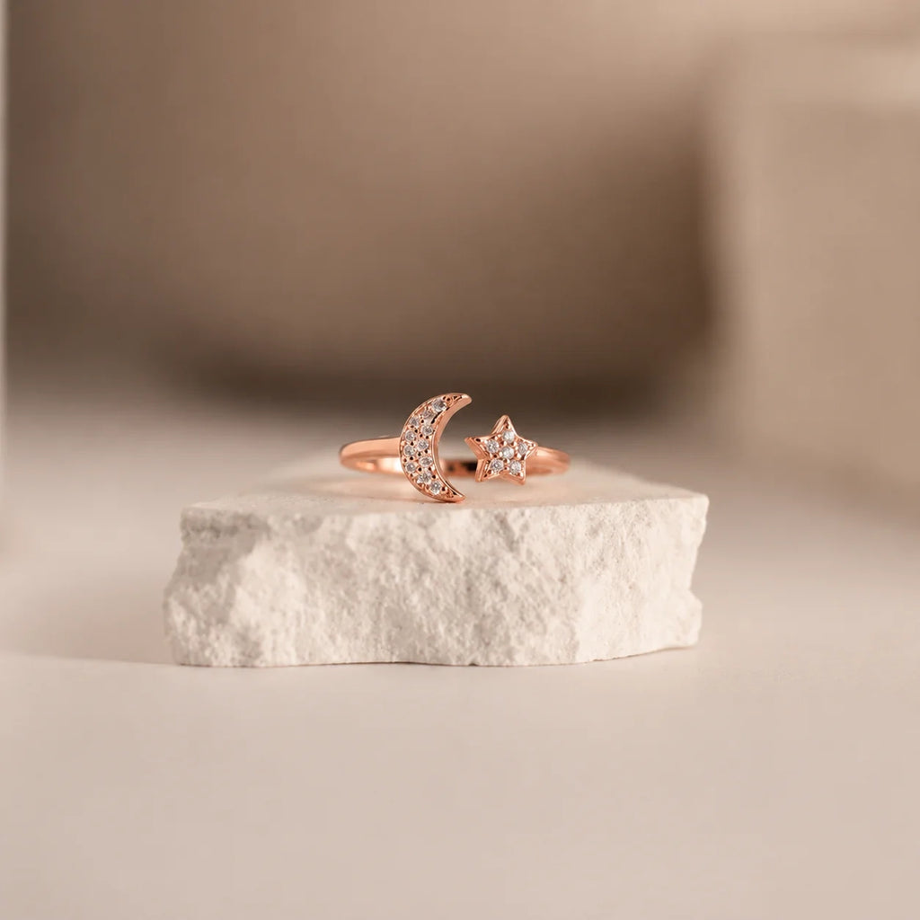 Pave Star and Moon Ring: Sterling Silver with 18K Gold Finish and Celestial Design