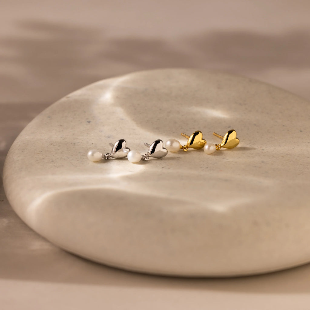 Heart Pearl Drop Earrings Silver 18K Gold Plated