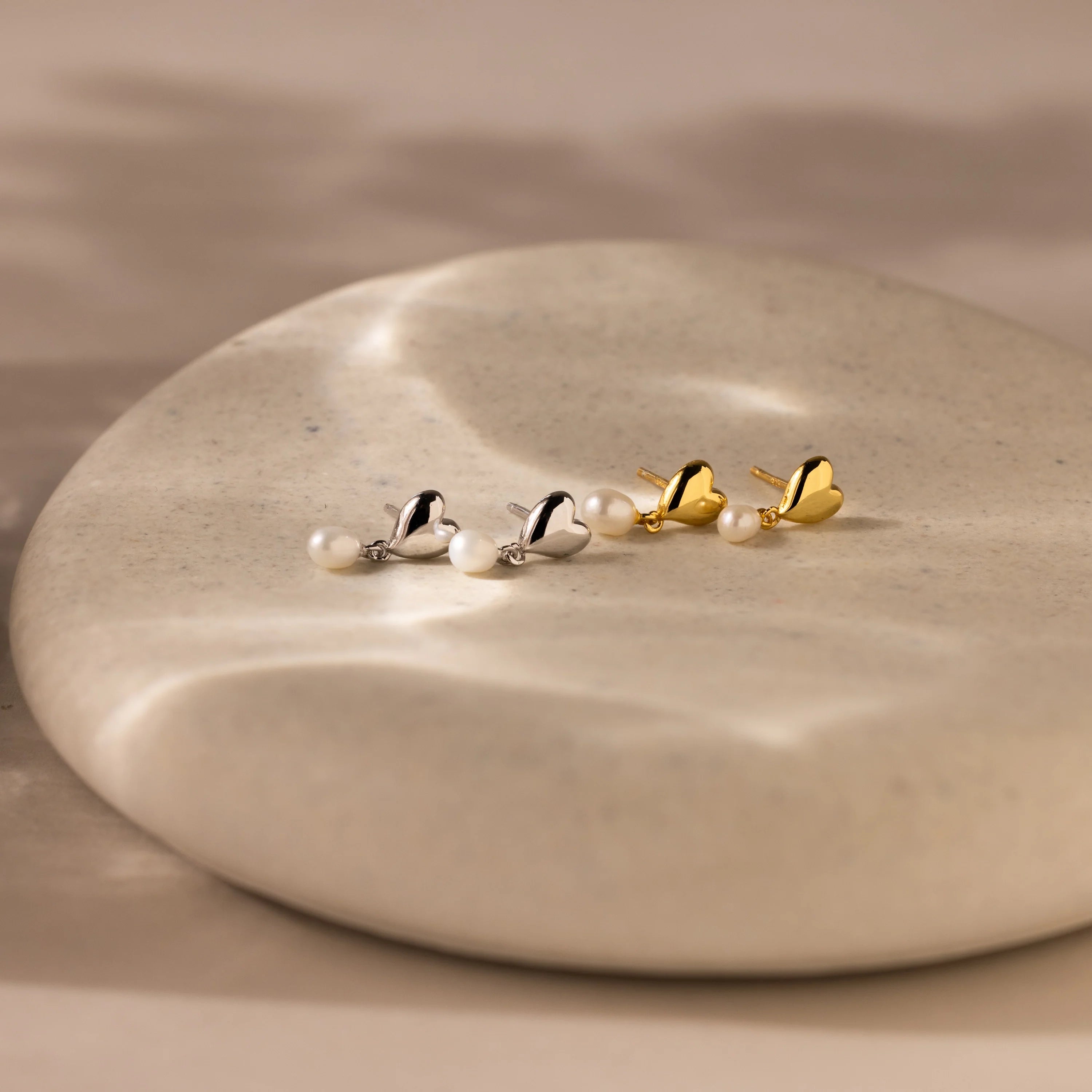 Heart Pearl Drop Earrings Silver 18K Gold Plated