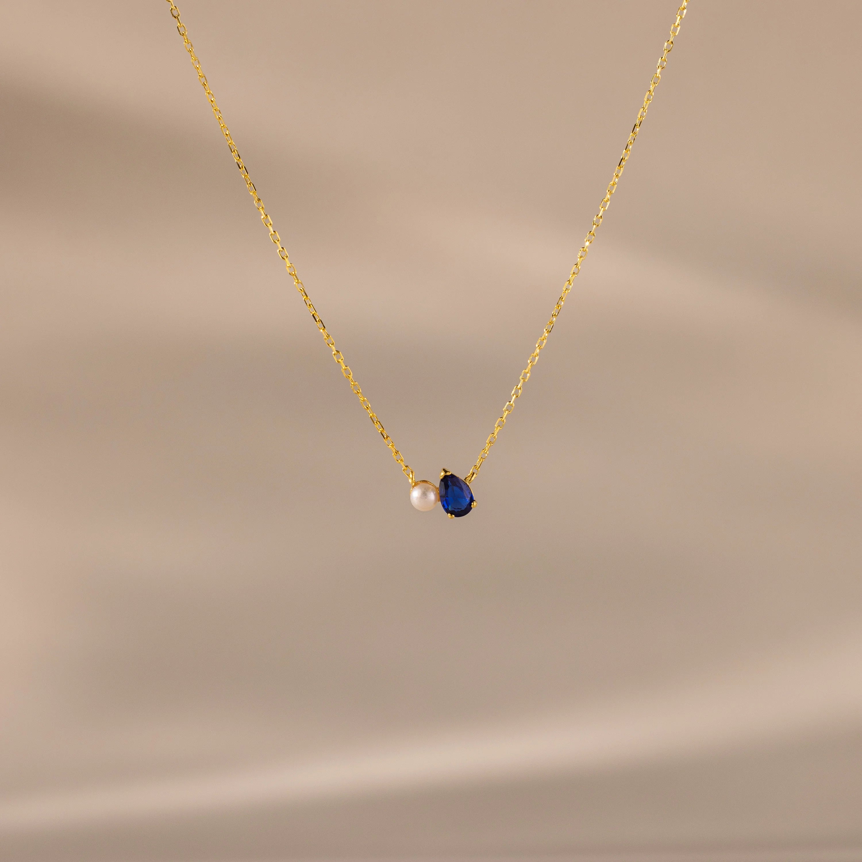 Teardrop Birthstone & Pearl Necklace Silver 18K Gold Plated