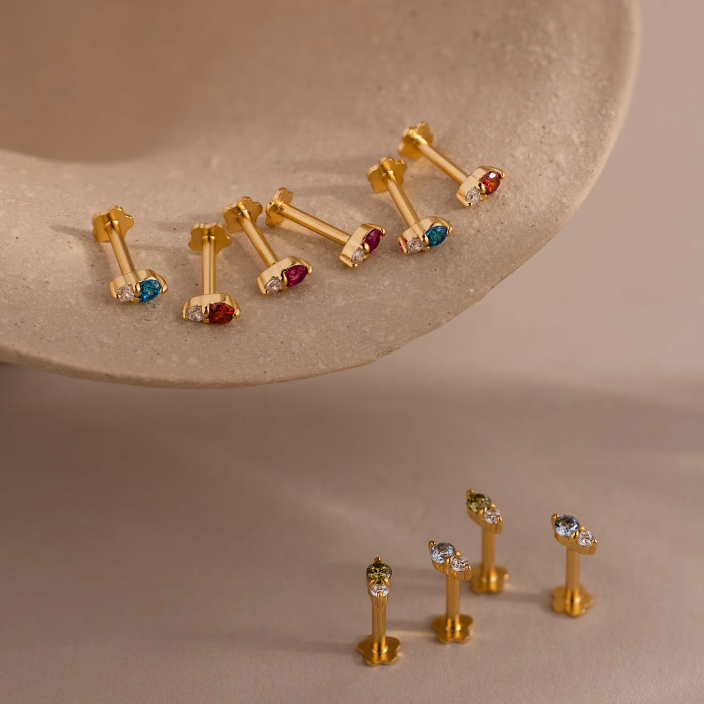 Diamond Birthstone Duo Flatback Studs Silver 18K Gold Plated