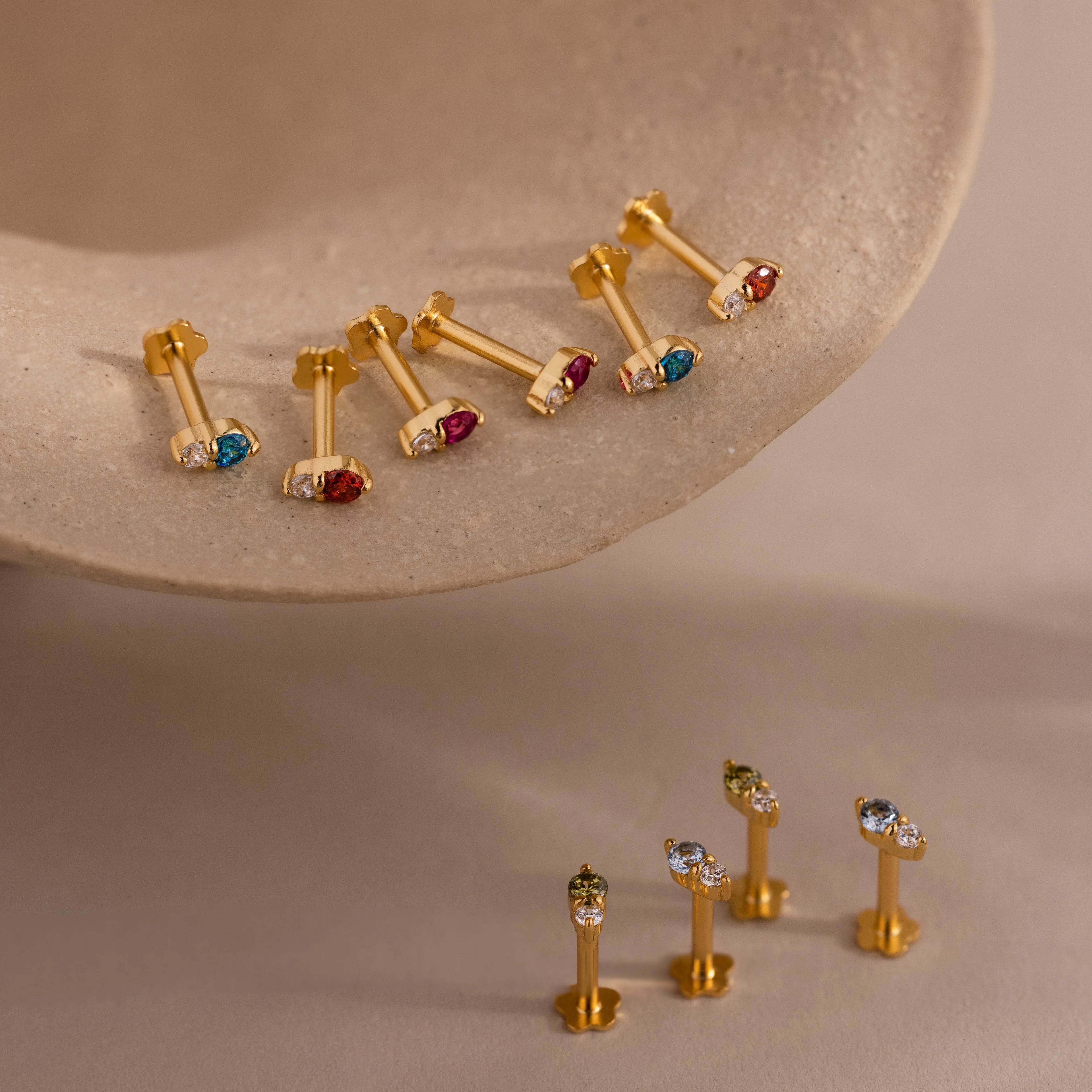 Diamond Birthstone Duo Flatback Studs Silver 18K Gold Plated