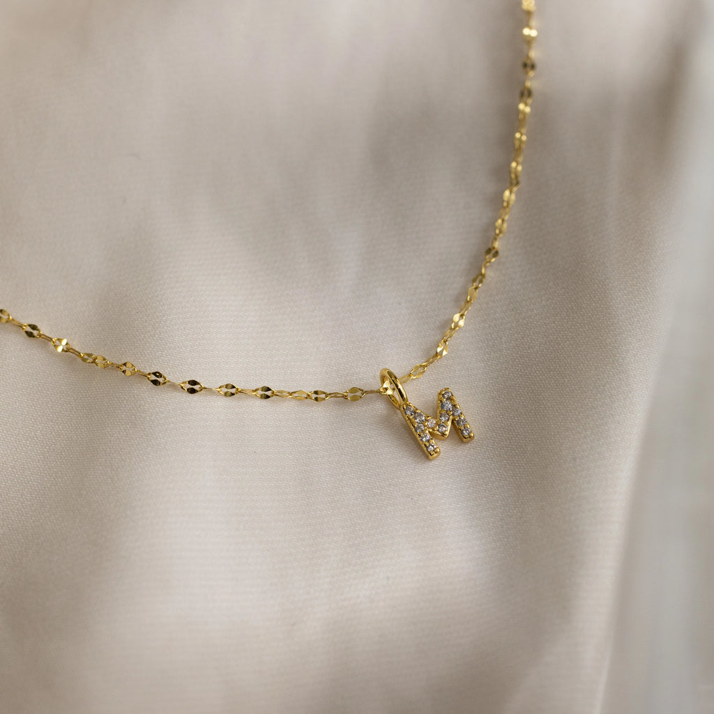 Dainty Pave Letter Necklace Silver 18K Gold Plated