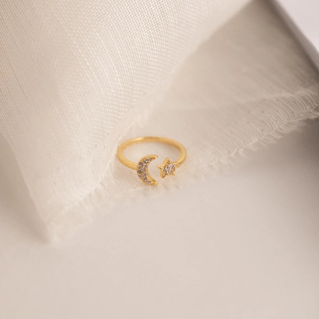 Pave Star and Moon Ring: Sterling Silver with 18K Gold Finish and Celestial Design