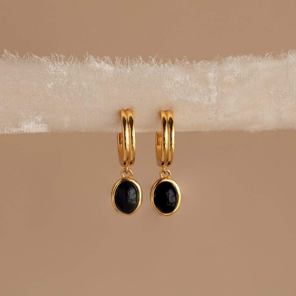 Black Gemstone Drop Hoop Earrings