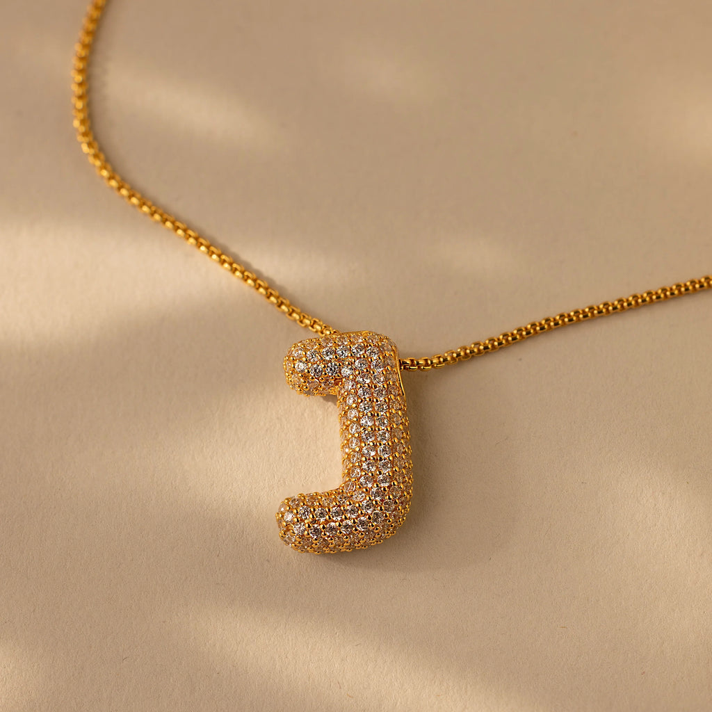 Pave Puff Letter Necklace Silver 18K Gold Plated