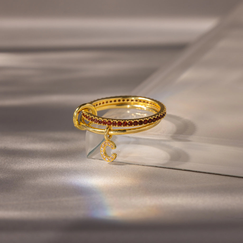 Birthstone Initial Linked Ring Set Silver 18K Gold Plated