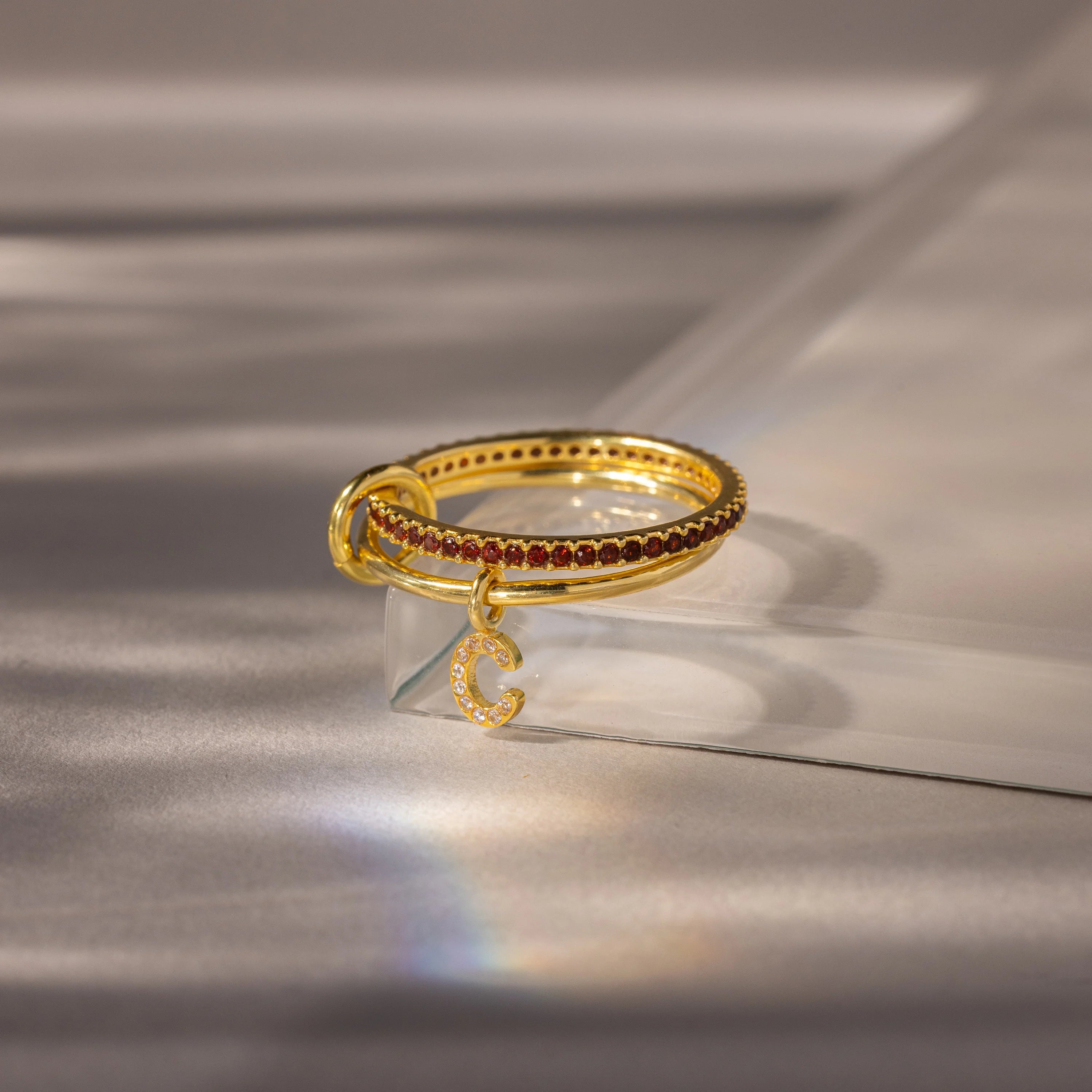 Birthstone Initial Linked Ring Set Silver 18K Gold Plated