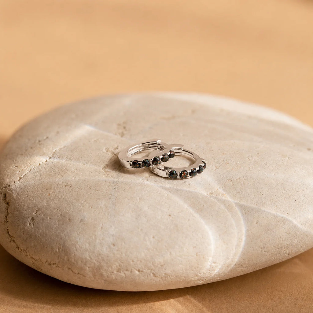 Black Sand Opal Huggie Hoop Earrings