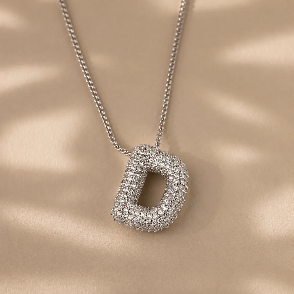 Personalized Puffy Initial Necklace with Pave Diamonds