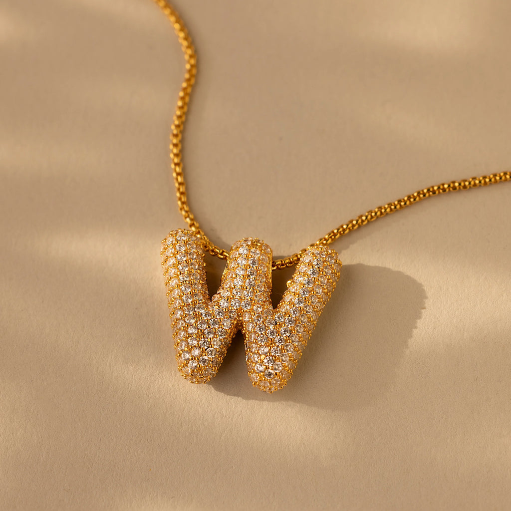 Pave Puff Letter Necklace Silver 18K Gold Plated