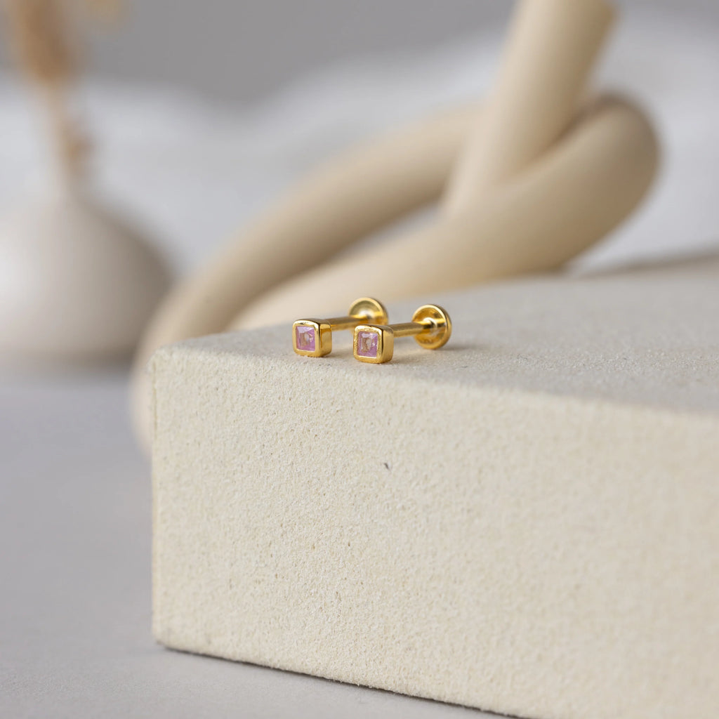Birthstone Square Bezel Flatback Studs Silver 18K Gold Plated