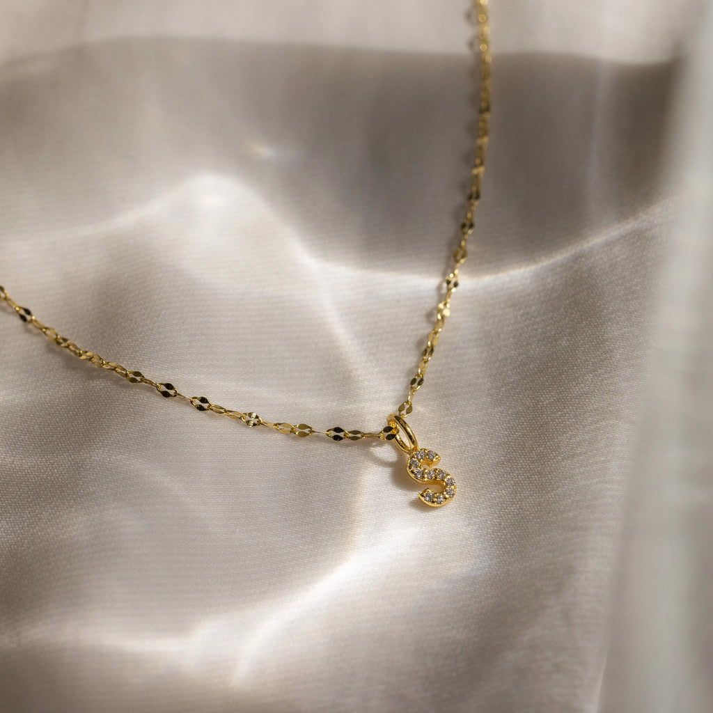 Dainty Pave Letter Necklace Silver 18K Gold Plated
