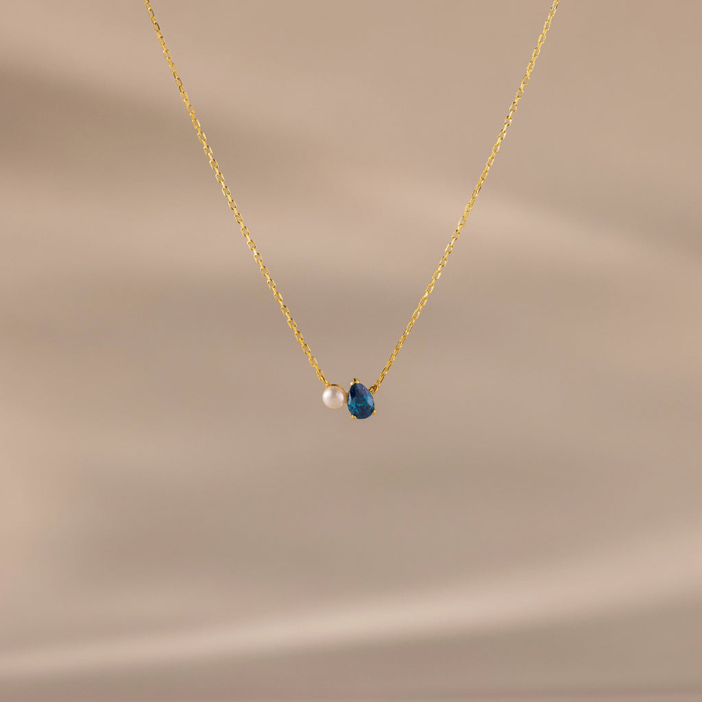 Teardrop Birthstone & Pearl Necklace Silver 18K Gold Plated