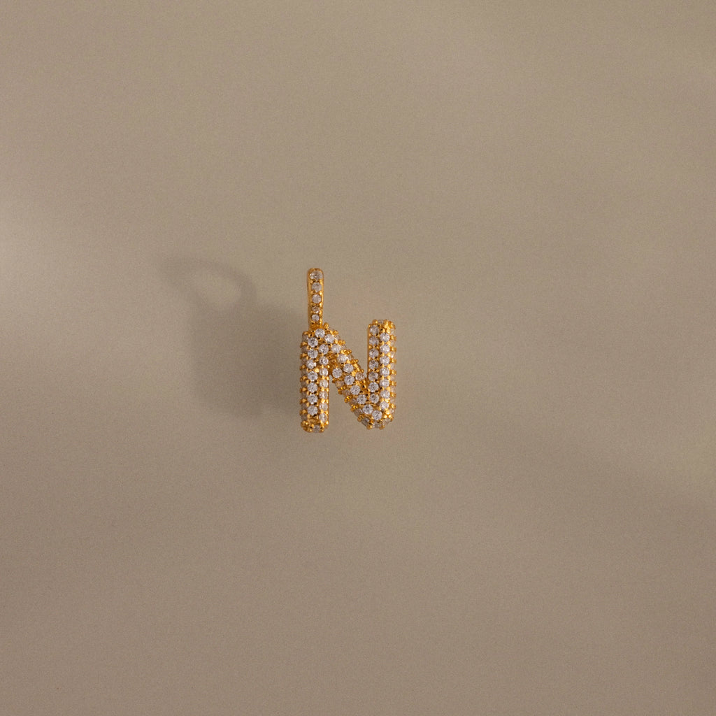 Diamond Pave Bubble Letter Charm Silver 18K Gold Plated