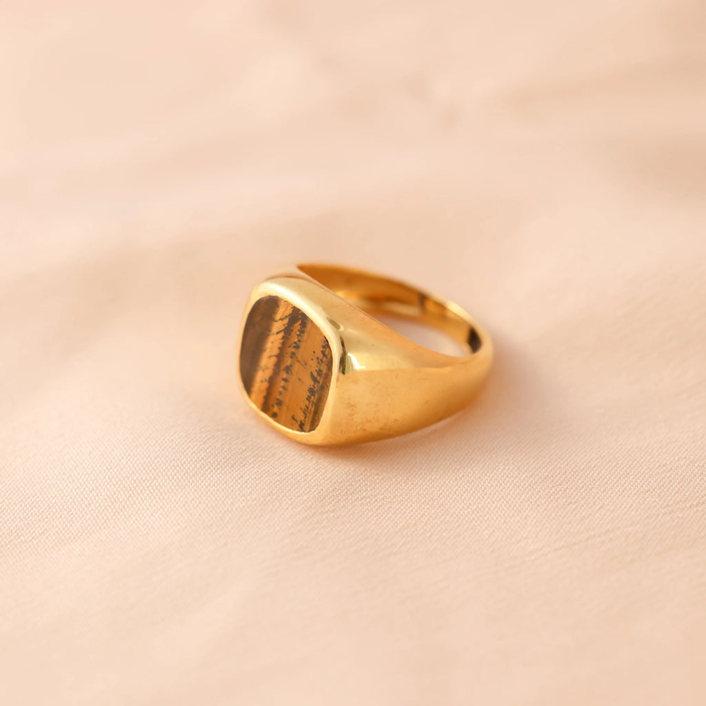 Men's Tigers Eye Signet Ring: Sterling Silver or 18K Gold with Faux Tiger's Eye Stone