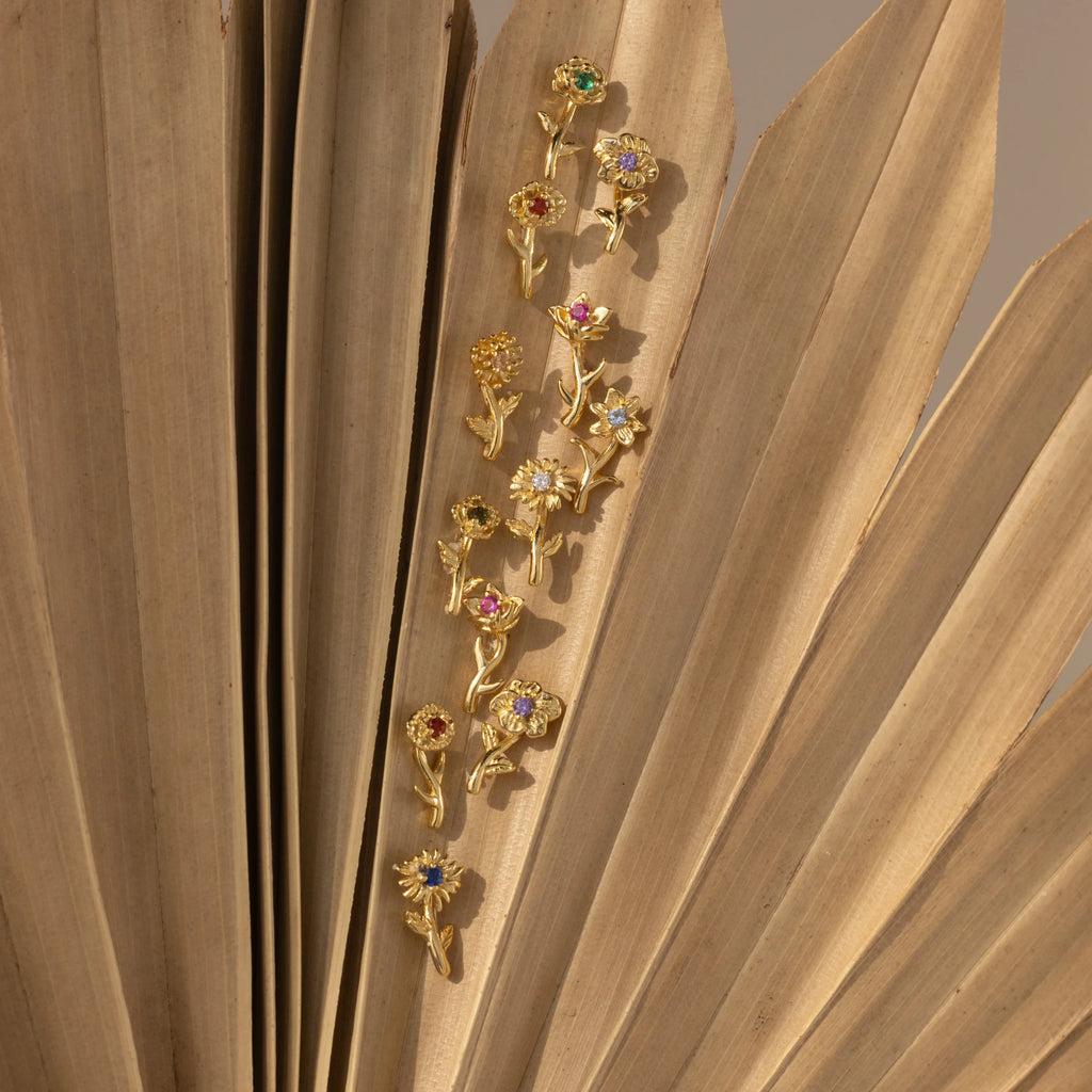 Birth Flower Stud Earrings Silver 18K Gold Plated