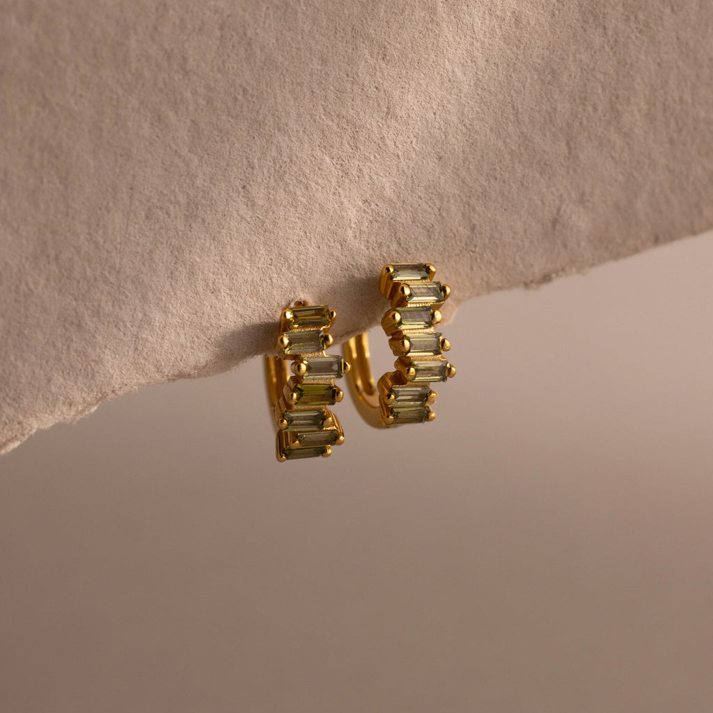 Staggered Baguette Birthstone Huggies Silver 18K Gold Plated