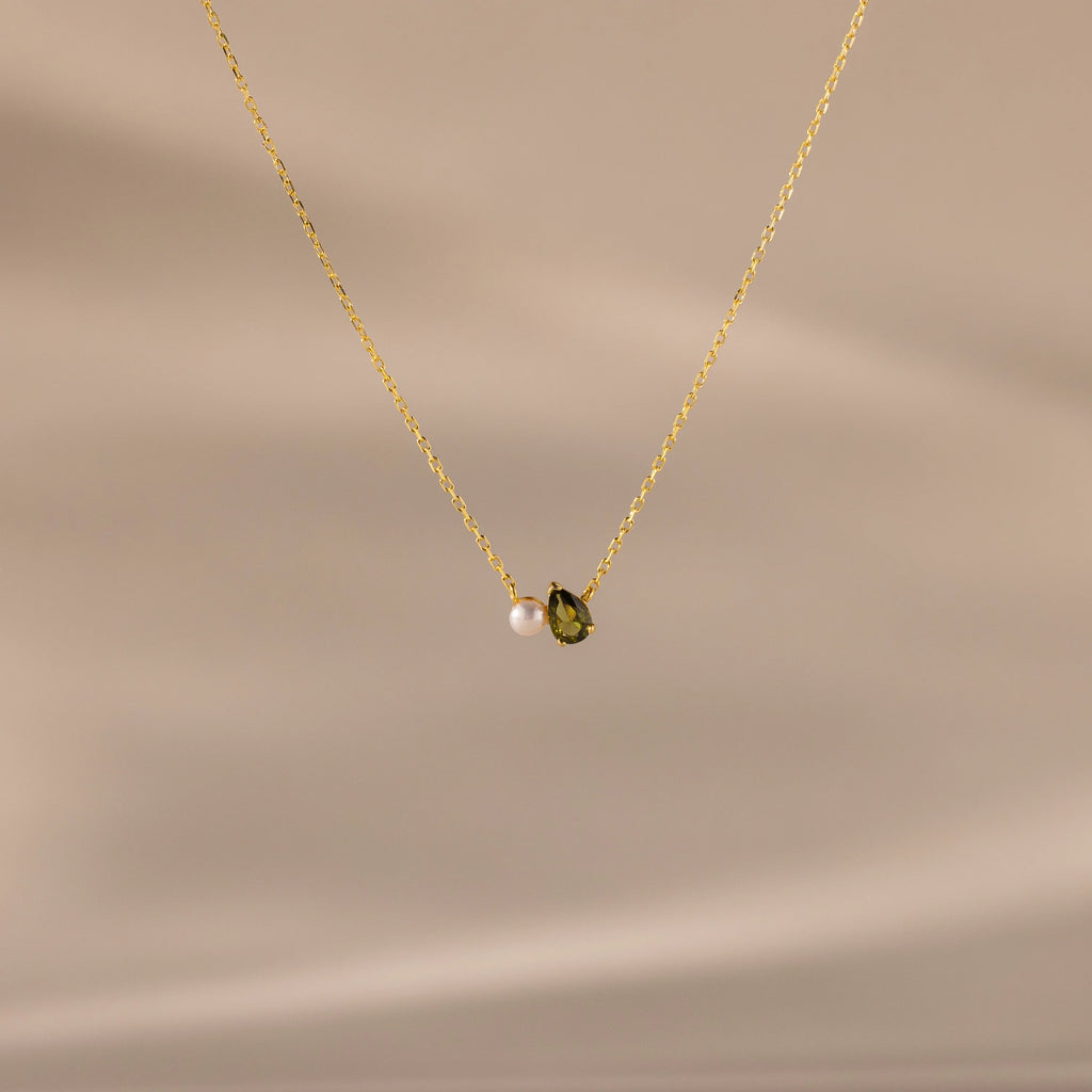 Teardrop Birthstone & Pearl Necklace Silver 18K Gold Plated