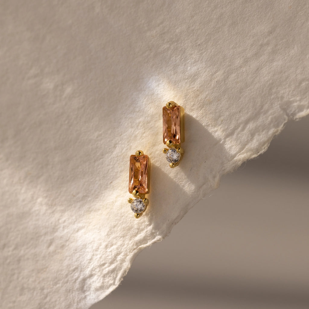 Diamond Baguette Birthstone Drop Studs Silver 18K Gold Plated