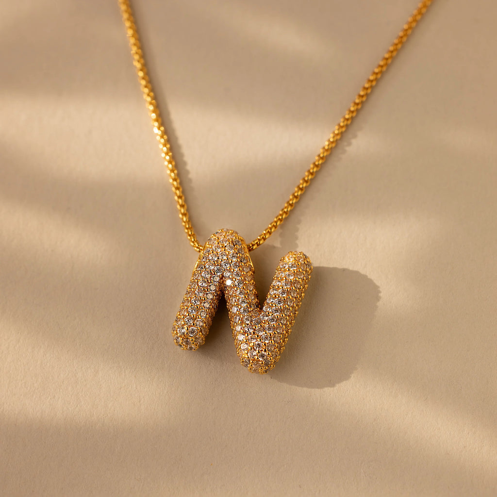 Pave Puff Letter Necklace Silver 18K Gold Plated
