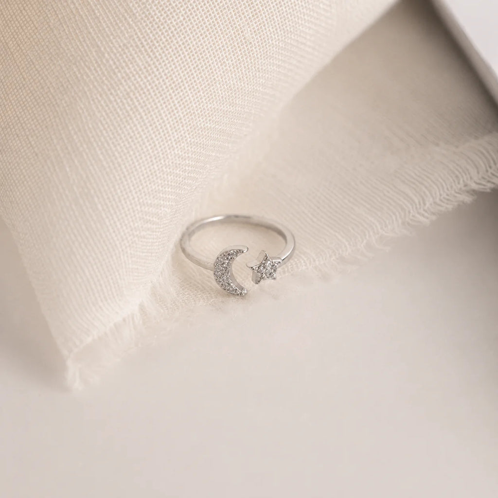 Pave Star and Moon Ring: Sterling Silver with 18K Gold Finish and Celestial Design