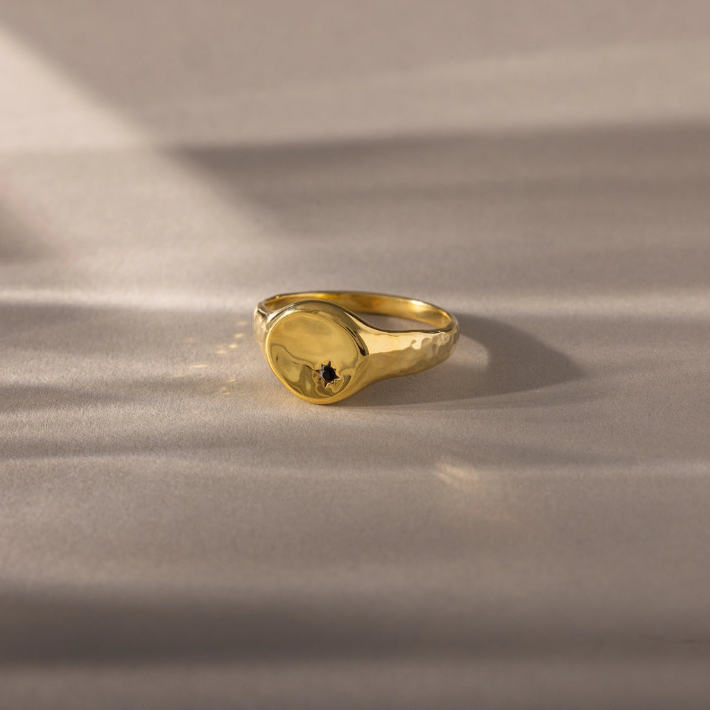 North Star Birthstone Signet Ring Silver 18K Gold Plated