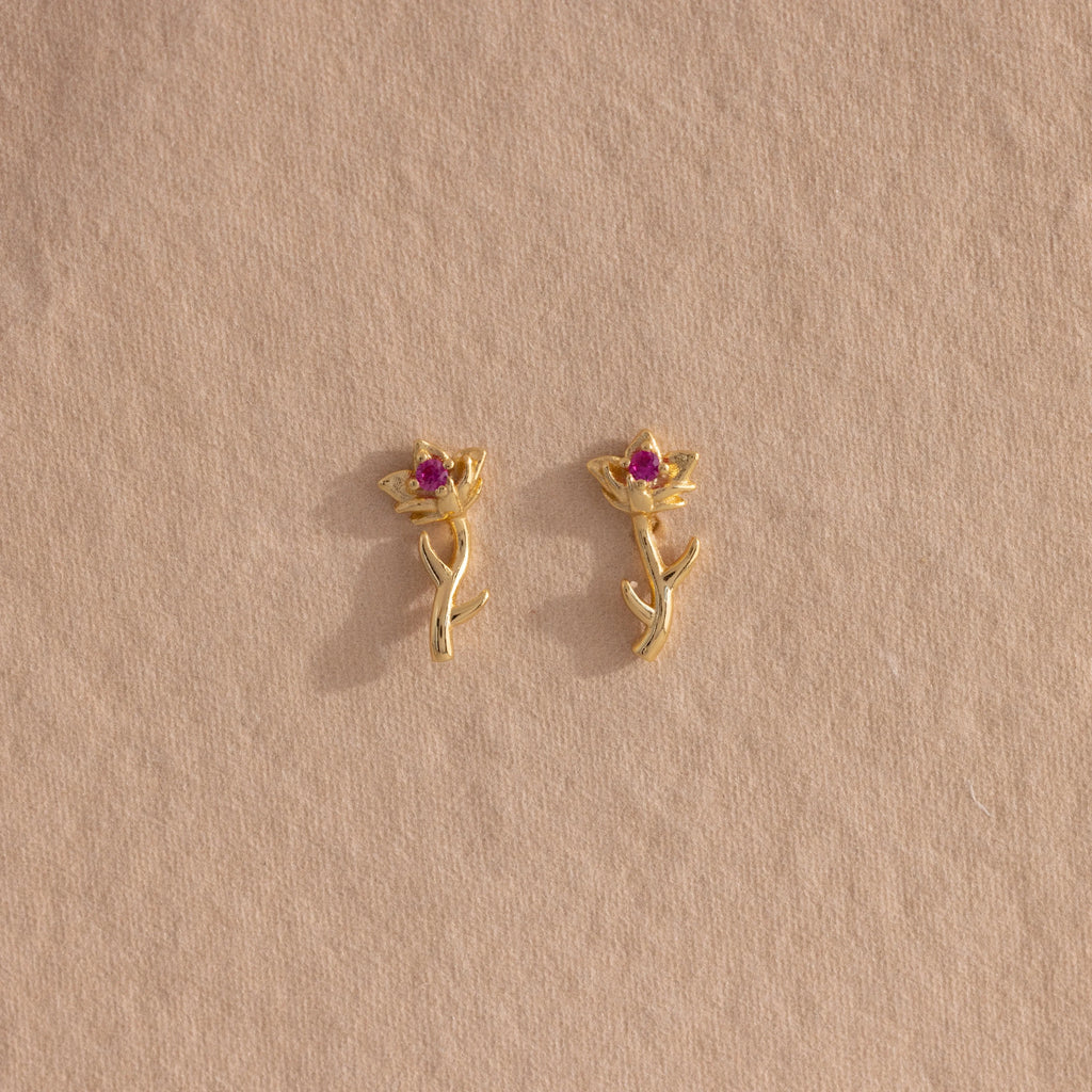 Birth Flower Stud Earrings Silver 18K Gold Plated