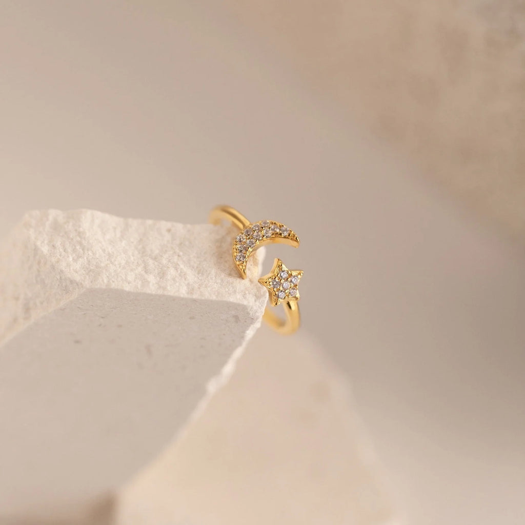 Pave Star and Moon Ring: Sterling Silver with 18K Gold Finish and Celestial Design