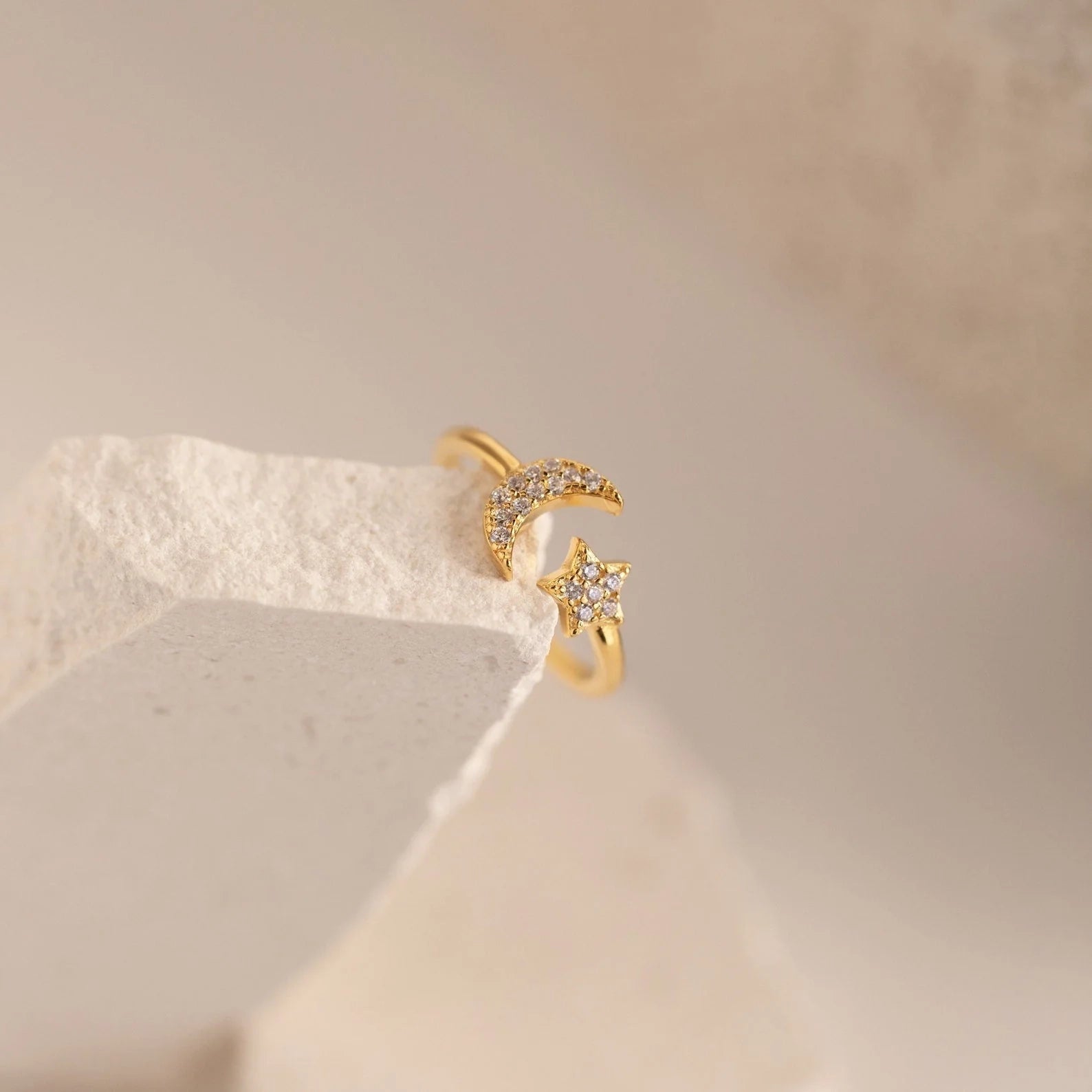 Pave Star and Moon Ring: Sterling Silver with 18K Gold Finish and Celestial Design