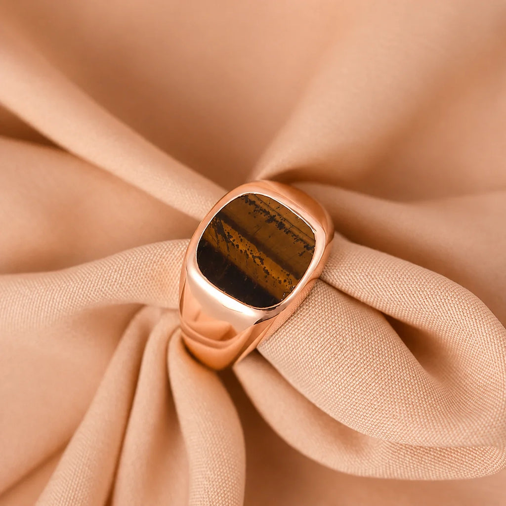 Men's Tigers Eye Signet Ring: Sterling Silver or 18K Gold with Faux Tiger's Eye Stone