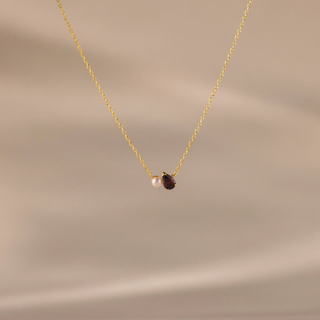 Teardrop Birthstone & Pearl Necklace Silver 18K Gold Plated