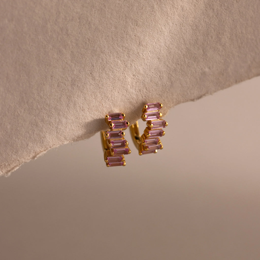 Staggered Baguette Birthstone Huggies Silver 18K Gold Plated