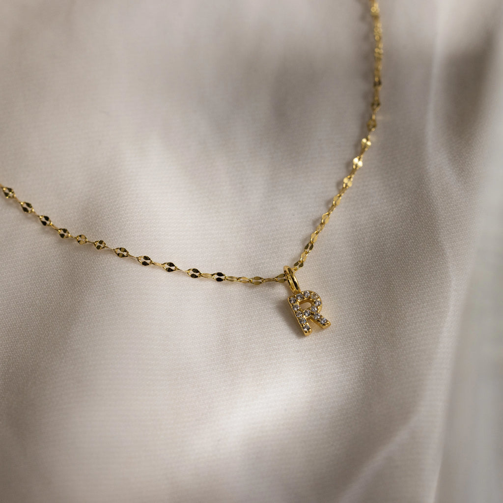 Dainty Pave Letter Necklace Silver 18K Gold Plated