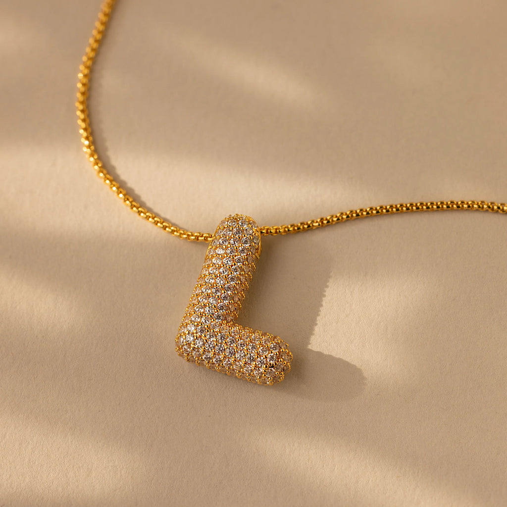 Pave Puff Letter Necklace Silver 18K Gold Plated