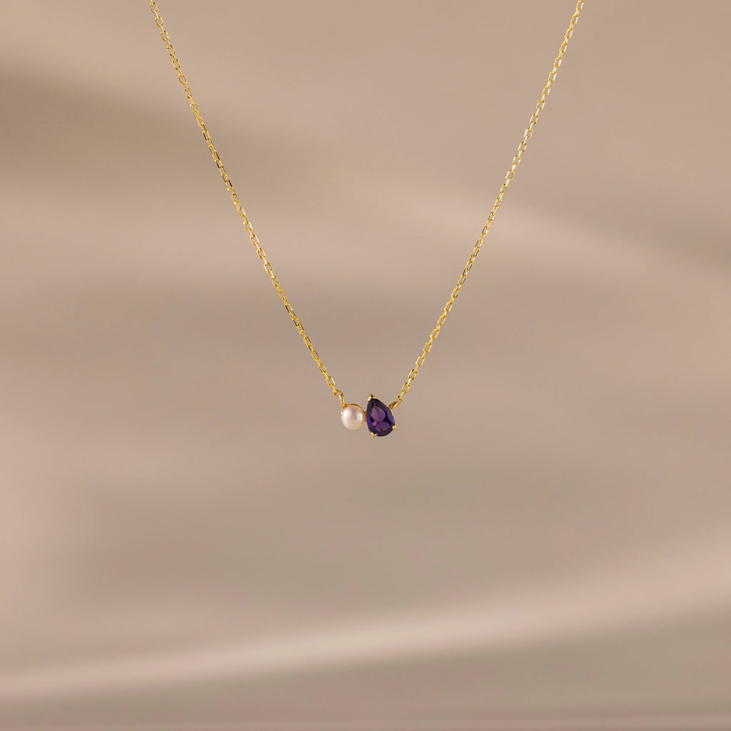 Teardrop Birthstone & Pearl Necklace Silver 18K Gold Plated