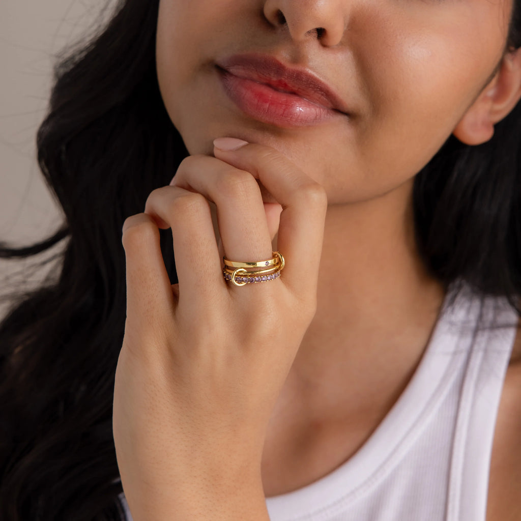 Birthstone Triple Eternity Band Ring Set Silver 18K Gold Plated