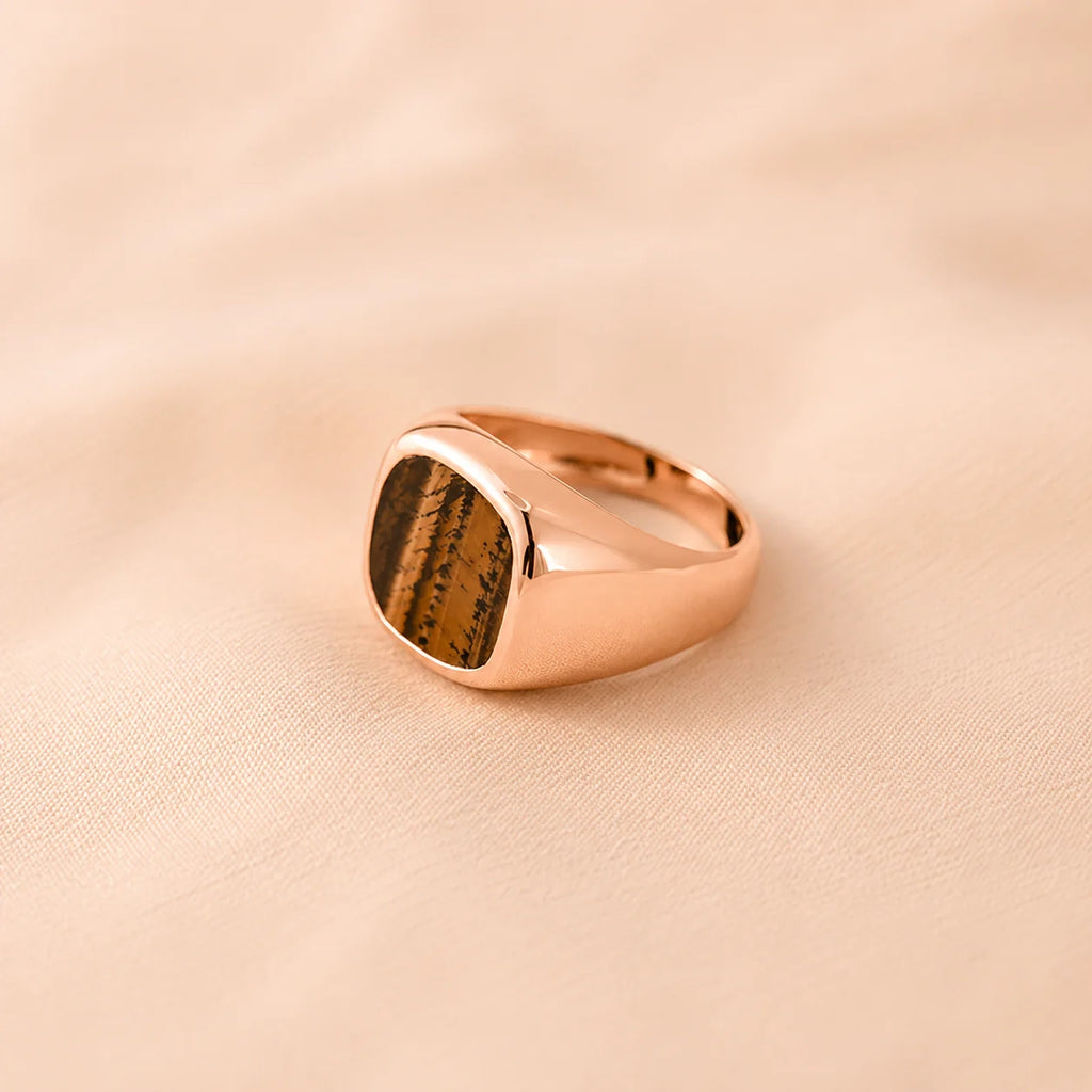 Men's Tigers Eye Signet Ring: Sterling Silver or 18K Gold with Faux Tiger's Eye Stone